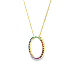 9ct yellow gold Rainbow Sapphire Circle of Life Pendant featuring a 16mm open circle with 35 multi-coloured claw-set sapphires and a concealed runner.