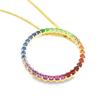 9ct yellow gold Rainbow Sapphire Circle of Life Pendant featuring a 16mm open circle with 35 multi-coloured claw-set sapphires and a concealed runner.