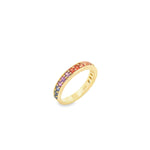 18ct yellow gold ring featuring seventeen round-cut sapphires claw-set in a graduated rainbow colour design.