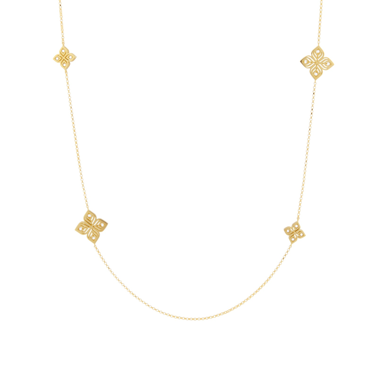 Roberto Coin Arabesque Flower 18ct yellow gold 85cm necklet featuring diamond-set flower motifs spaced along the chain and signature ruby clasp.