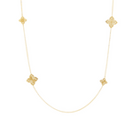 Roberto Coin Arabesque Flower 18ct yellow gold 85cm necklet featuring diamond-set flower motifs spaced along the chain and signature ruby clasp.