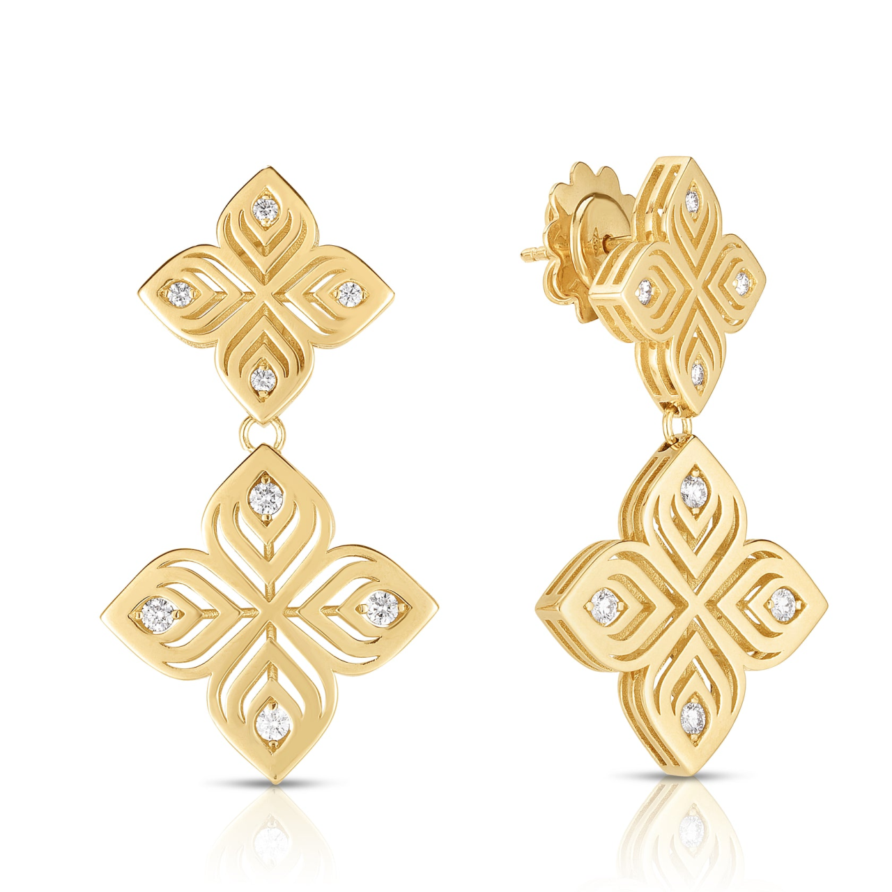 Roberto Coin Arabesque Flower 18ct yellow gold diamond drop earrings featuring two flower motifs with pavé diamond-set petals and hidden rubies on the reverse.