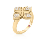 Roberto Coin Arabesque Flower ring in 18ct yellow gold featuring diamond-set petals and a signature hidden ruby inside the band.