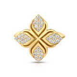 Roberto Coin Arabesque Flower ring in 18ct yellow gold featuring diamond-set petals and a signature hidden ruby inside the band.