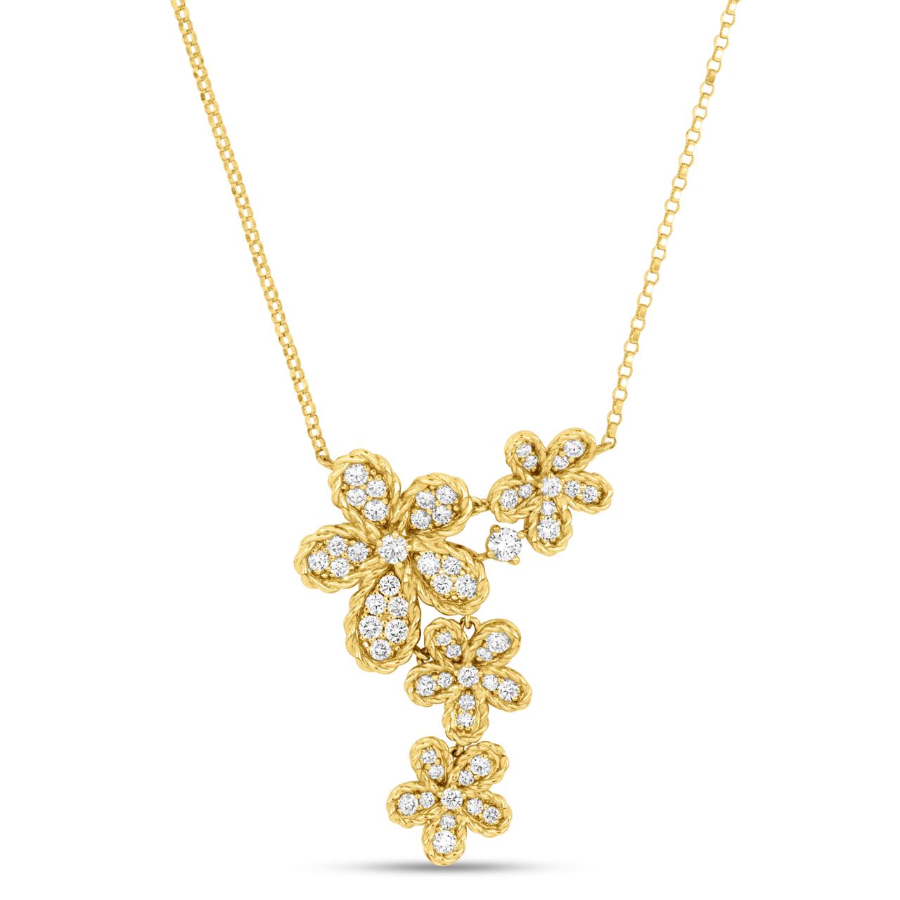 Roberto Coin Jasmine 18ct yellow gold diamond necklet with four flower drop design and rope detailing