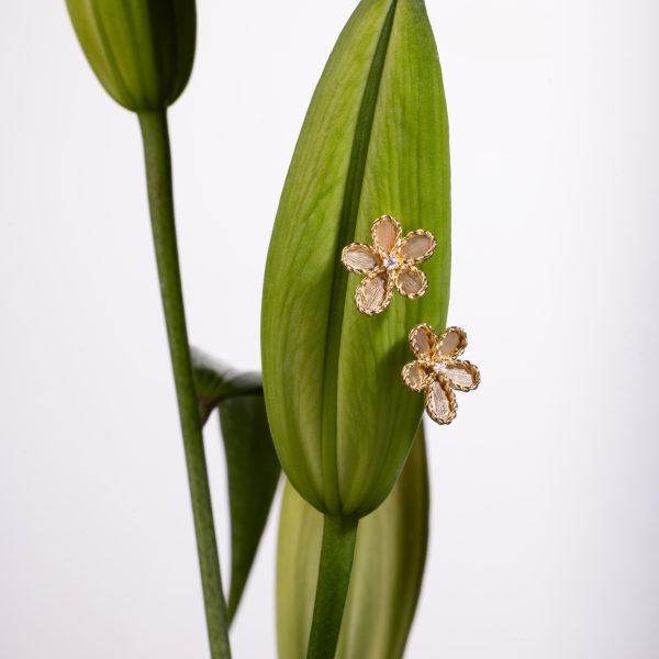 Roberto Coin Jasmine 18ct yellow gold diamond stud earrings with floral design and round brilliant cut diamonds