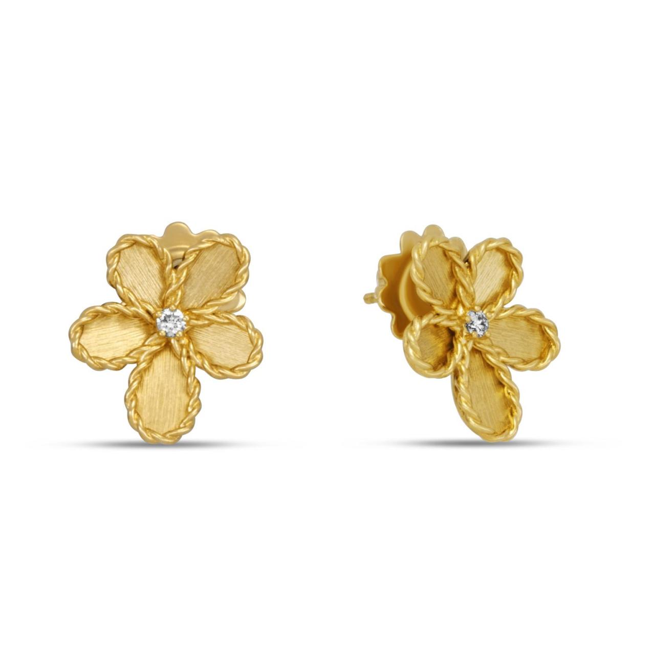 Roberto Coin Jasmine 18ct yellow gold diamond stud earrings with floral design and round brilliant cut diamonds