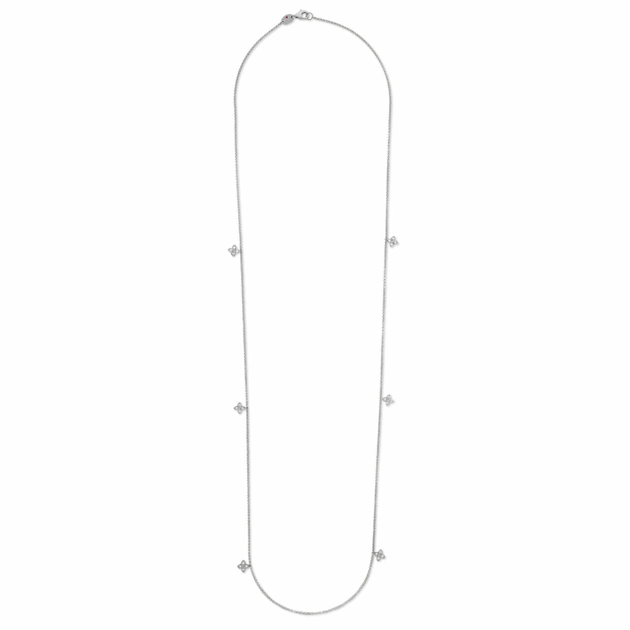 Roberto Coin Love By The Yard 18ct white gold diamond necklet featuring six flower-shaped diamond drops spaced along a fine belcher link chain with signature ruby clasp.