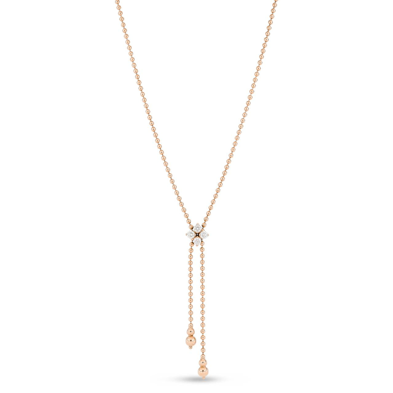 Roberto Coin Love In Verona 18ct rose gold diamond necklet featuring an adjustable diamond-set flower slider on a ball link chain with beaded ends and signature ruby on the reverse.