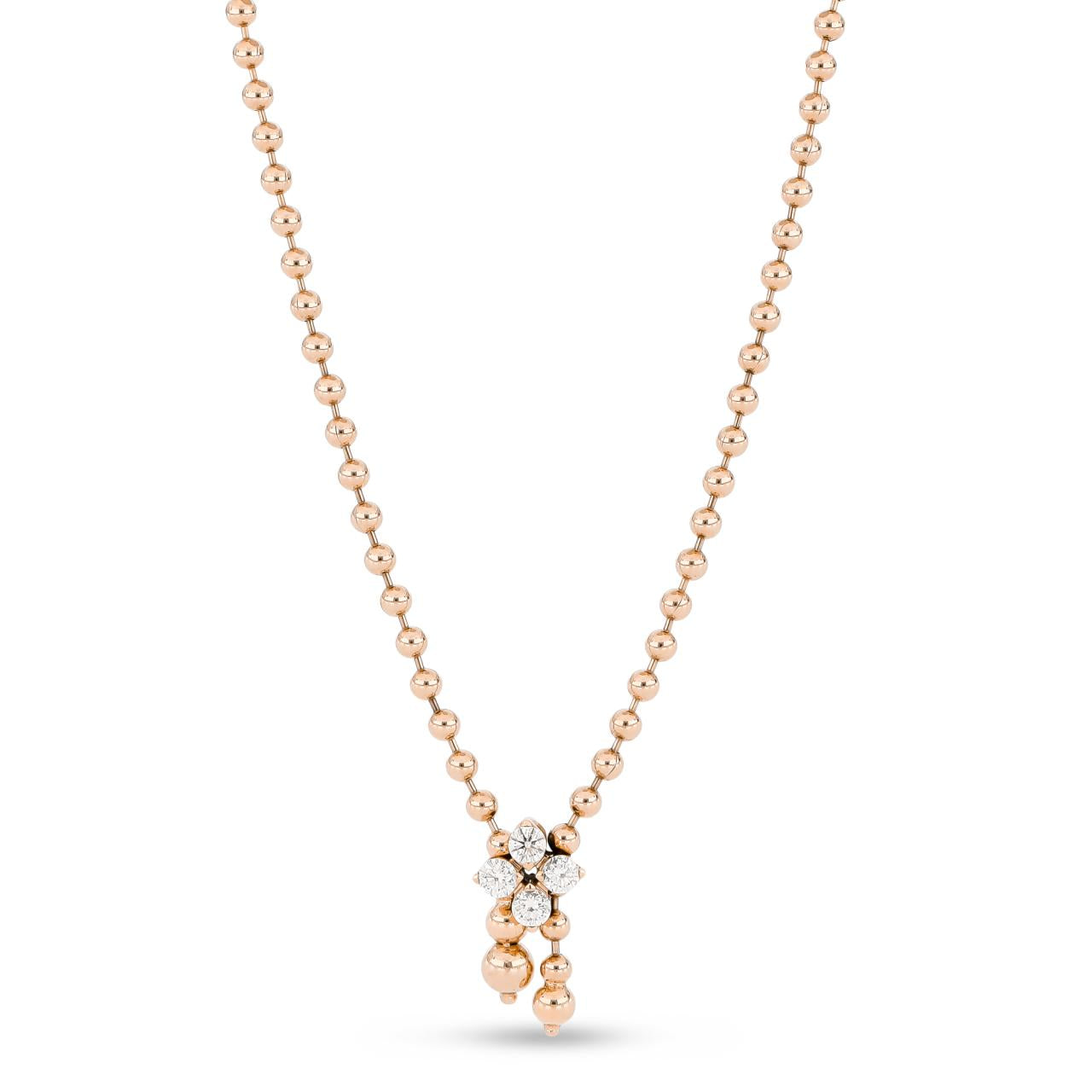 Roberto Coin Love In Verona 18ct rose gold diamond necklet featuring an adjustable diamond-set flower slider on a ball link chain with beaded ends and signature ruby on the reverse.