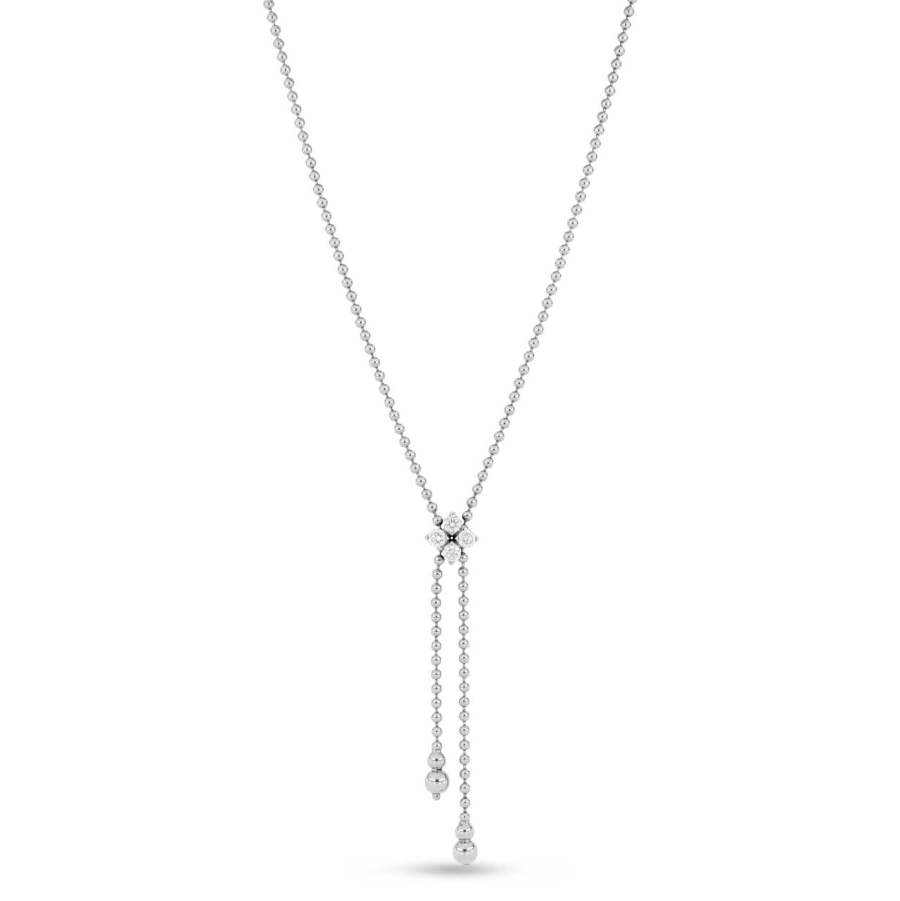 Roberto Coin Love In Verona white gold diamond flower necklet on ball link chain.