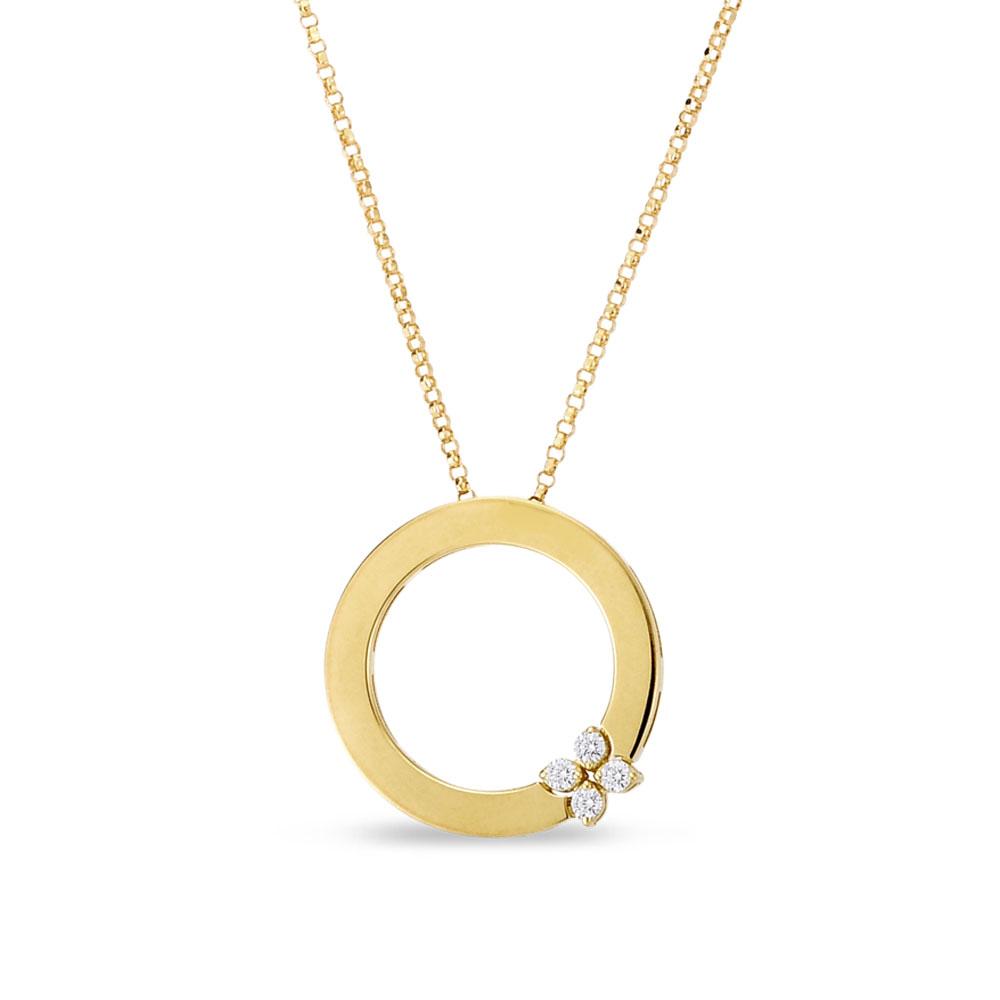 Roberto Coin Love In Verona 18ct yellow gold diamond necklet featuring a circular pendant with a flower cluster detail on one side and signature ruby clasp.