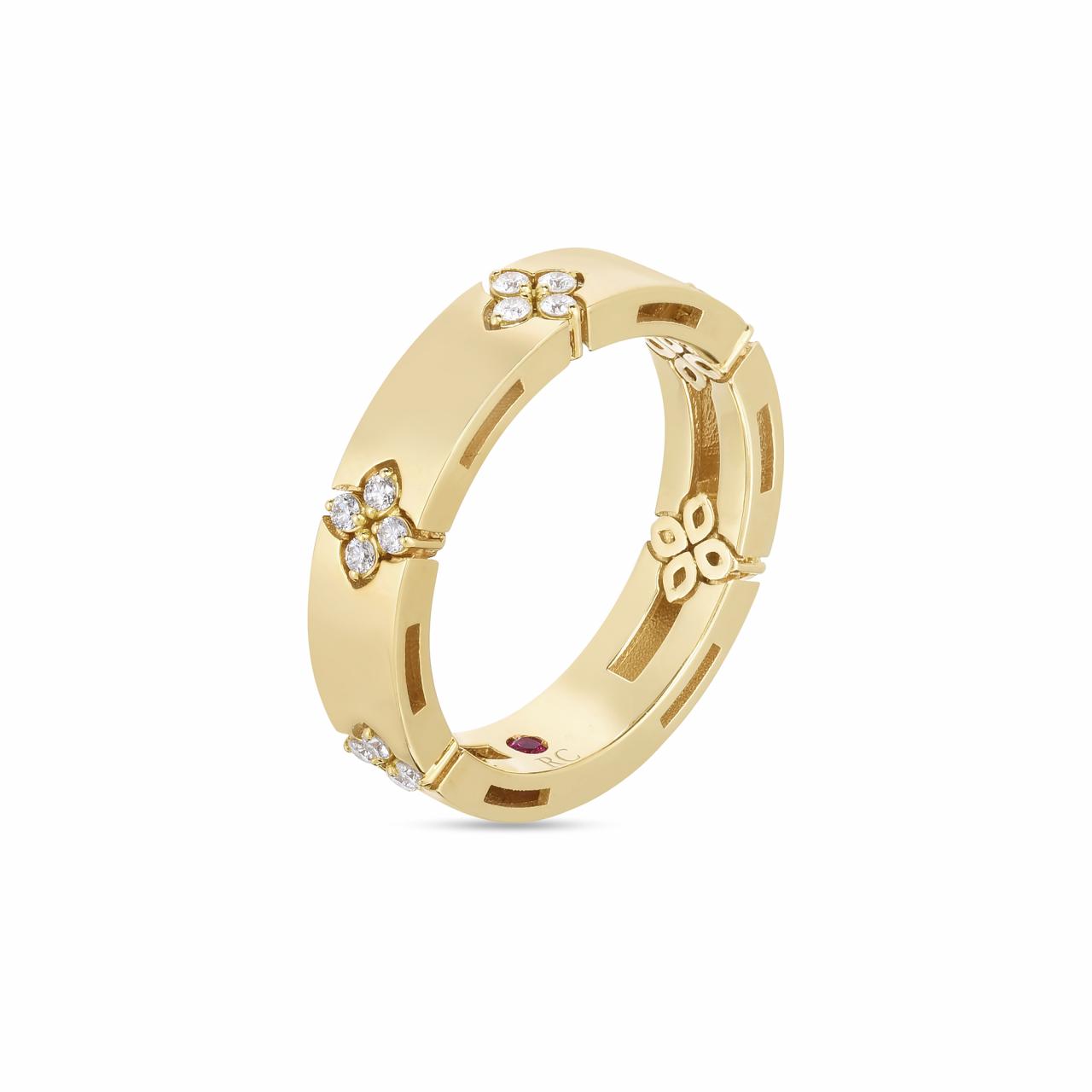 Roberto Coin Love in Verona ring in 18ct yellow gold featuring five diamond flower clusters and a signature hidden ruby inside the polished 4.5mm band.