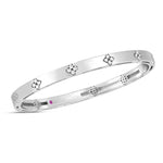 Roberto Coin Love in Verona 18ct white gold 4.5mm diamond bangle with flower cluster motifs, engraved floral detailing, and signature hidden ruby inside.