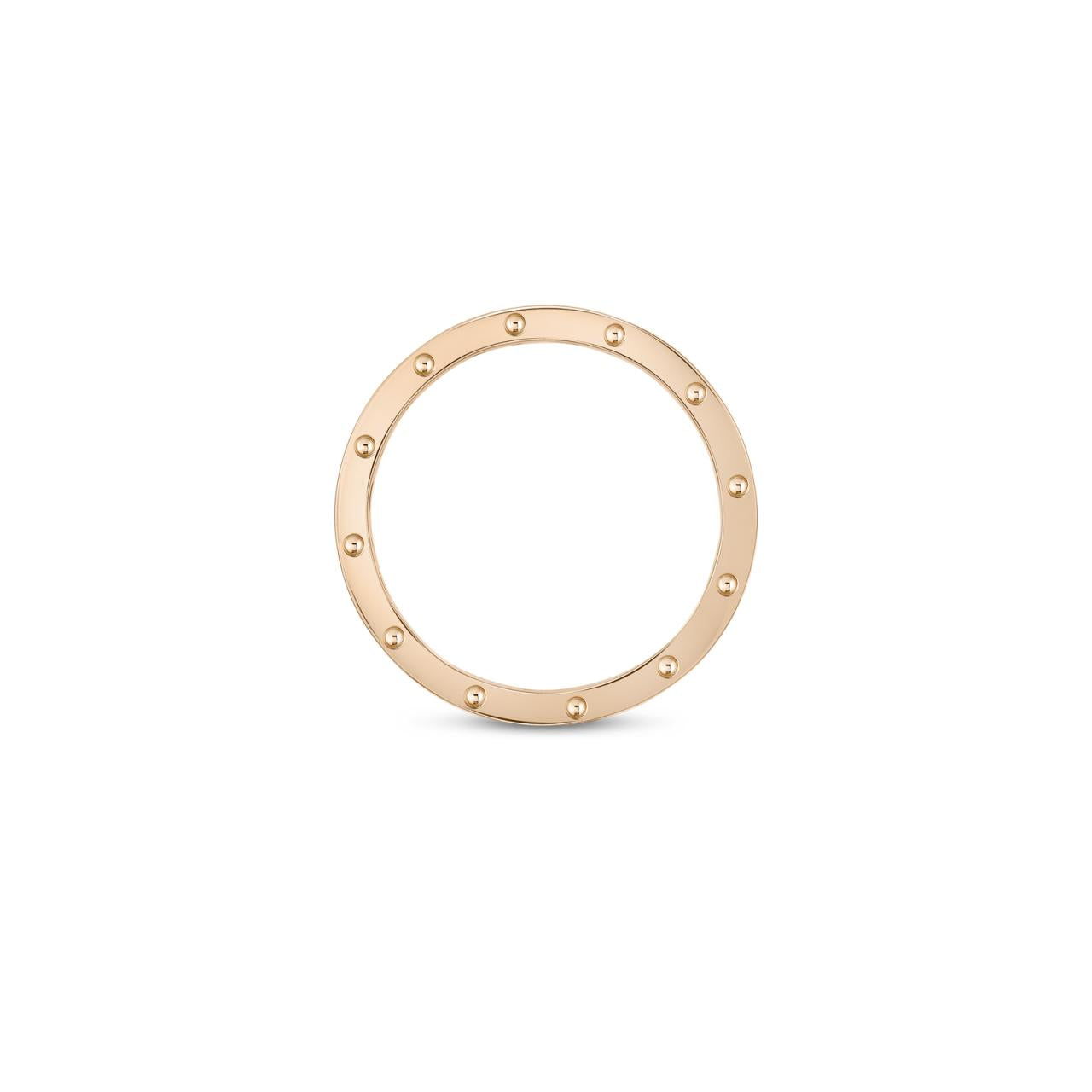 Roberto Coin Pois Moi ring in 18ct rose gold featuring a 3.25mm wide band with polished finish, signature dimple design, and hidden ruby inside the band.