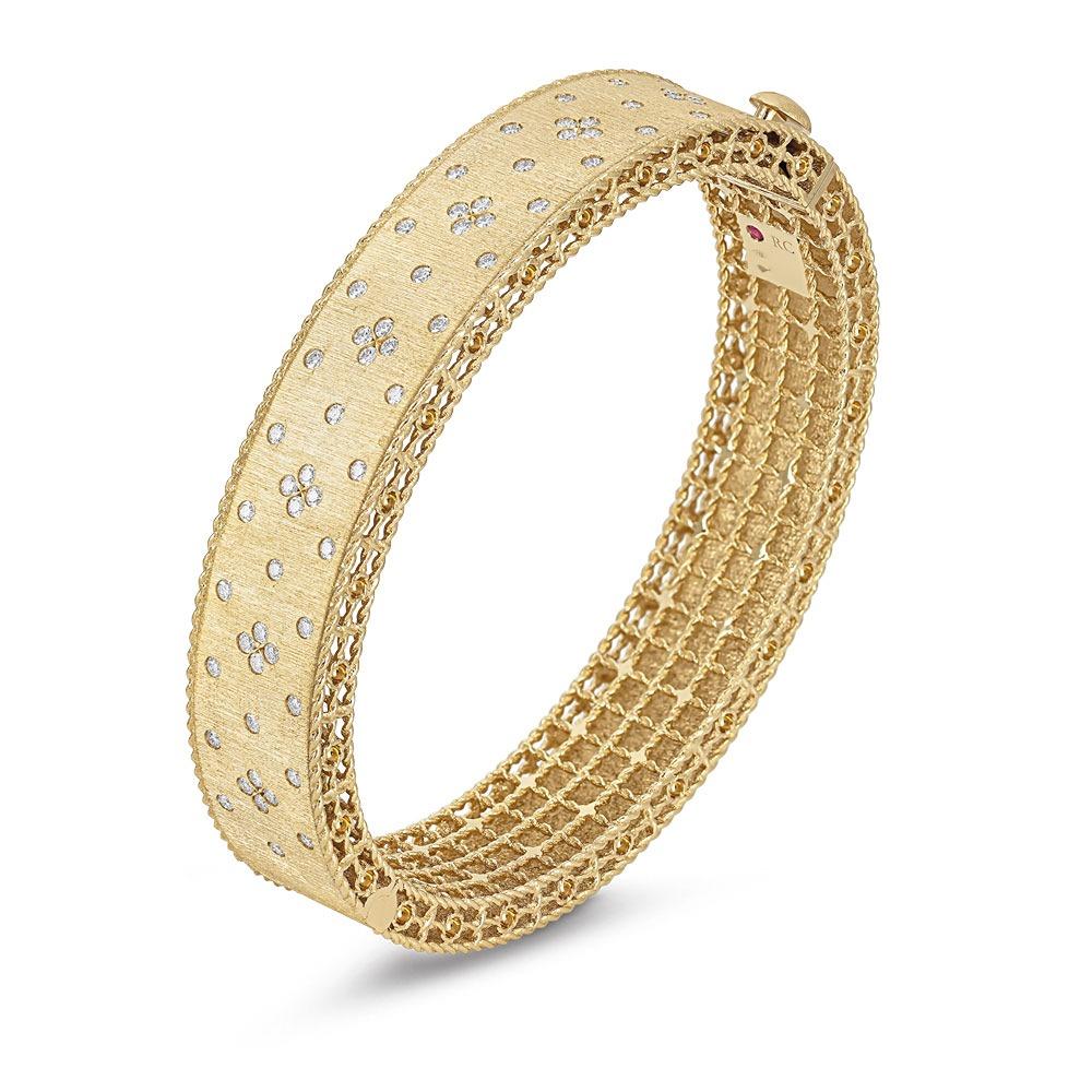 Roberto Coin Princess diamond bangle in yellow gold with satin finish and rope detail
