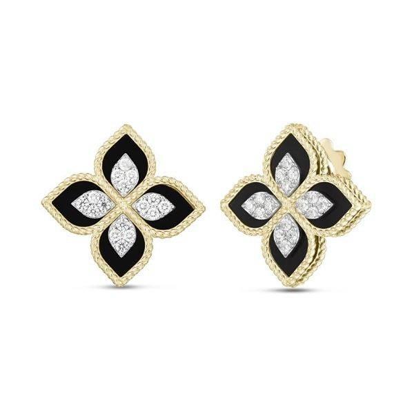 Roberto Coin Princess Flower black jade and diamond earrings in yellow and white gold