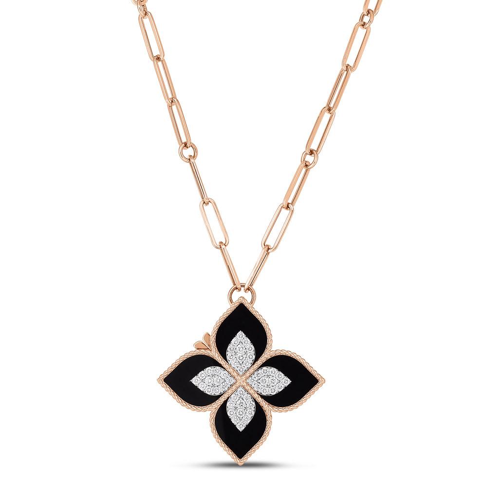 Roberto Coin Princess Flower 18ct rose and white gold necklet featuring a black jade and diamond flower locket pendant with rope detail and signature ruby clasp on 82cm oval link chain.