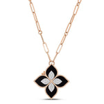 Roberto Coin Princess Flower 18ct rose and white gold necklet featuring a black jade and diamond flower locket pendant with rope detail and signature ruby clasp on 82cm oval link chain.