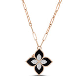 Roberto Coin Princess Flower 18ct rose and white gold necklet featuring a black jade and diamond flower locket pendant with rope detail and signature ruby clasp on 82cm oval link chain.