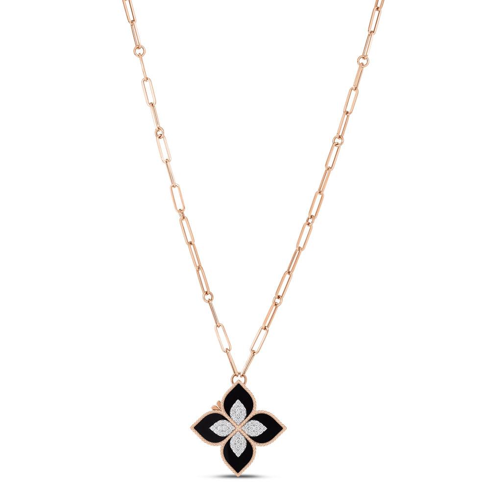 Roberto Coin Princess Flower 18ct rose and white gold necklet featuring a black jade and diamond flower locket pendant with rope detail and signature ruby clasp on 82cm oval link chain.