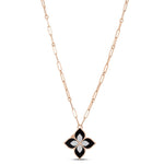 Roberto Coin Princess Flower 18ct rose and white gold necklet featuring a black jade and diamond flower locket pendant with rope detail and signature ruby clasp on 82cm oval link chain.