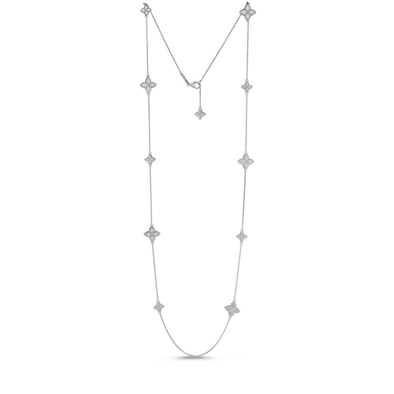 Roberto Coin Princess Flower 18ct white gold 85cm diamond collar featuring alternating small and large flower motifs, one pavé diamond flower, and signature ruby clasp.