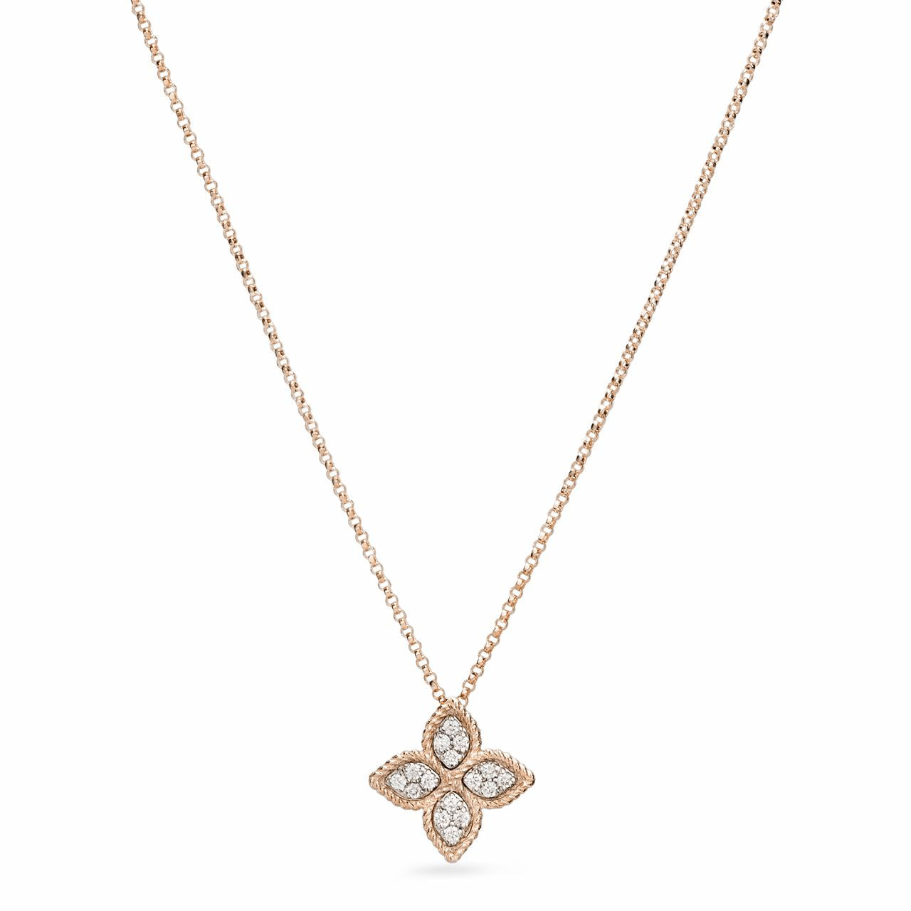 Roberto Coin Princess Flower rose and white gold diamond necklet with bead-set petals and rope detail.
