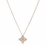 Roberto Coin Princess Flower rose and white gold diamond necklet with bead-set petals and rope detail.