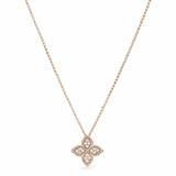 Roberto Coin Princess Flower rose and white gold diamond necklet with bead-set petals and rope detail.