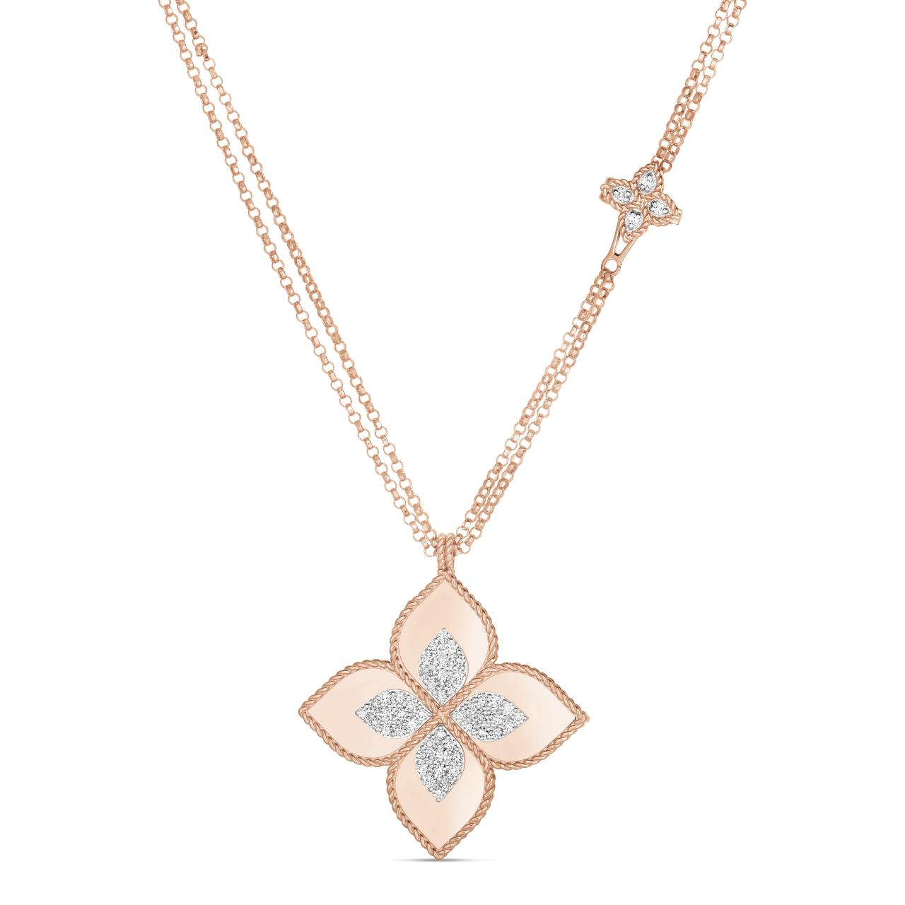 Roberto Coin Princess Flower 18ct rose and white gold 80cm double belcher link diamond necklet featuring a large flower pendant with diamond cluster petals and a signature ruby clasp.
