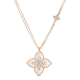 Roberto Coin Princess Flower 18ct rose and white gold 80cm double belcher link diamond necklet featuring a large flower pendant with diamond cluster petals and a signature ruby clasp.