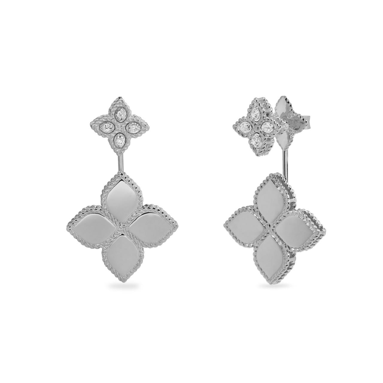 Roberto Coin white gold Princess Flower stud drop earrings with diamond-set petals and matte rope detailed drop.
