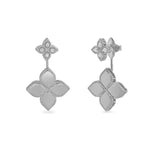 Roberto Coin white gold Princess Flower stud drop earrings with diamond-set petals and matte rope detailed drop.