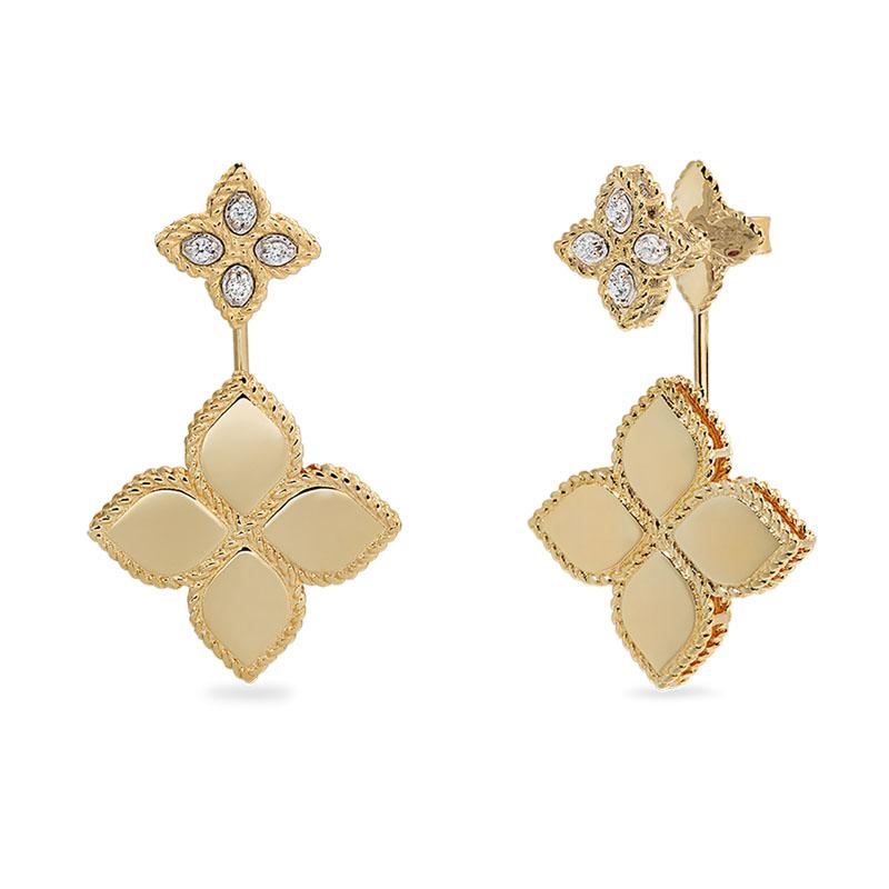 Roberto Coin Princess Flower 18ct yellow and white gold diamond stud drop earrings featuring matte and rope detailing with hidden rubies.