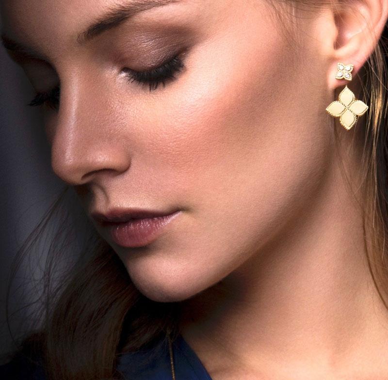 Roberto Coin Princess Flower 18ct yellow and white gold diamond stud drop earrings featuring matte and rope detailing with hidden rubies.