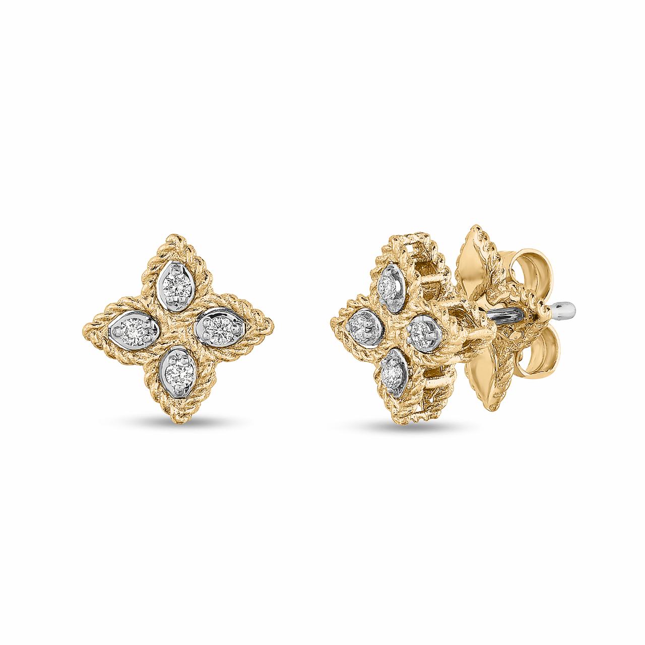 Roberto Coin Princess Flower diamond stud earrings in yellow and white gold