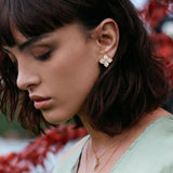 Roberto Coin Princess Flower 18ct rose and white gold diamond stud earrings featuring clustered petals and hidden rubies.