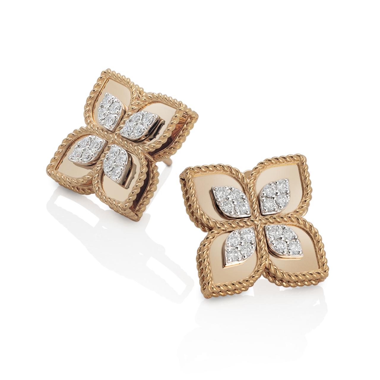 Roberto Coin Princess Flower 18ct rose and white gold diamond stud earrings featuring clustered petals and hidden rubies.