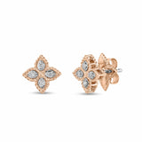 Roberto Coin Princess Flower rose and white gold diamond stud earrings with bead-set petals and rope detail.