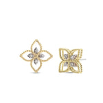 Roberto Coin Princess Flower 18ct yellow and white gold diamond stud earrings featuring rope detail and hidden rubies.