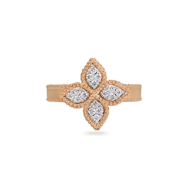 Roberto Coin Princess Flower ring in 18ct rose and white gold featuring four diamond cluster petals, rope edge detailing, and a signature hidden ruby inside the band.