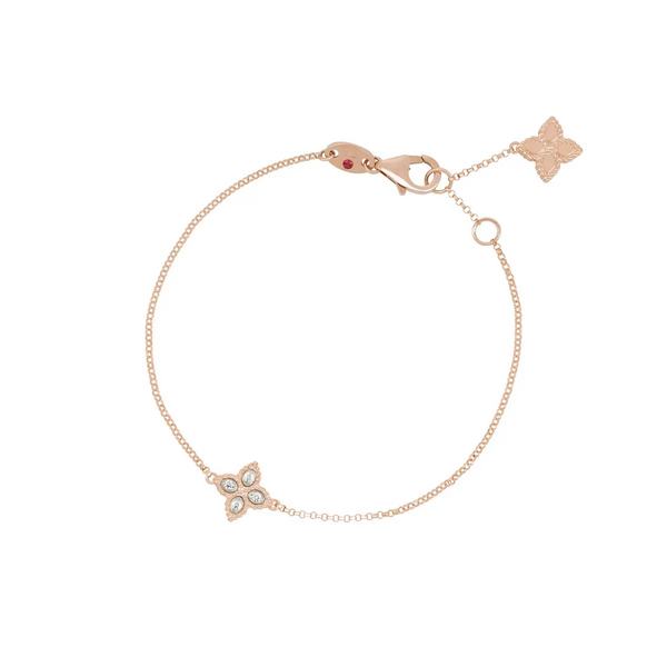 Roberto Coin Princess Flower 18ct rose and white gold diamond bracelet featuring a diamond-set flower with rope detail and signature ruby accent.