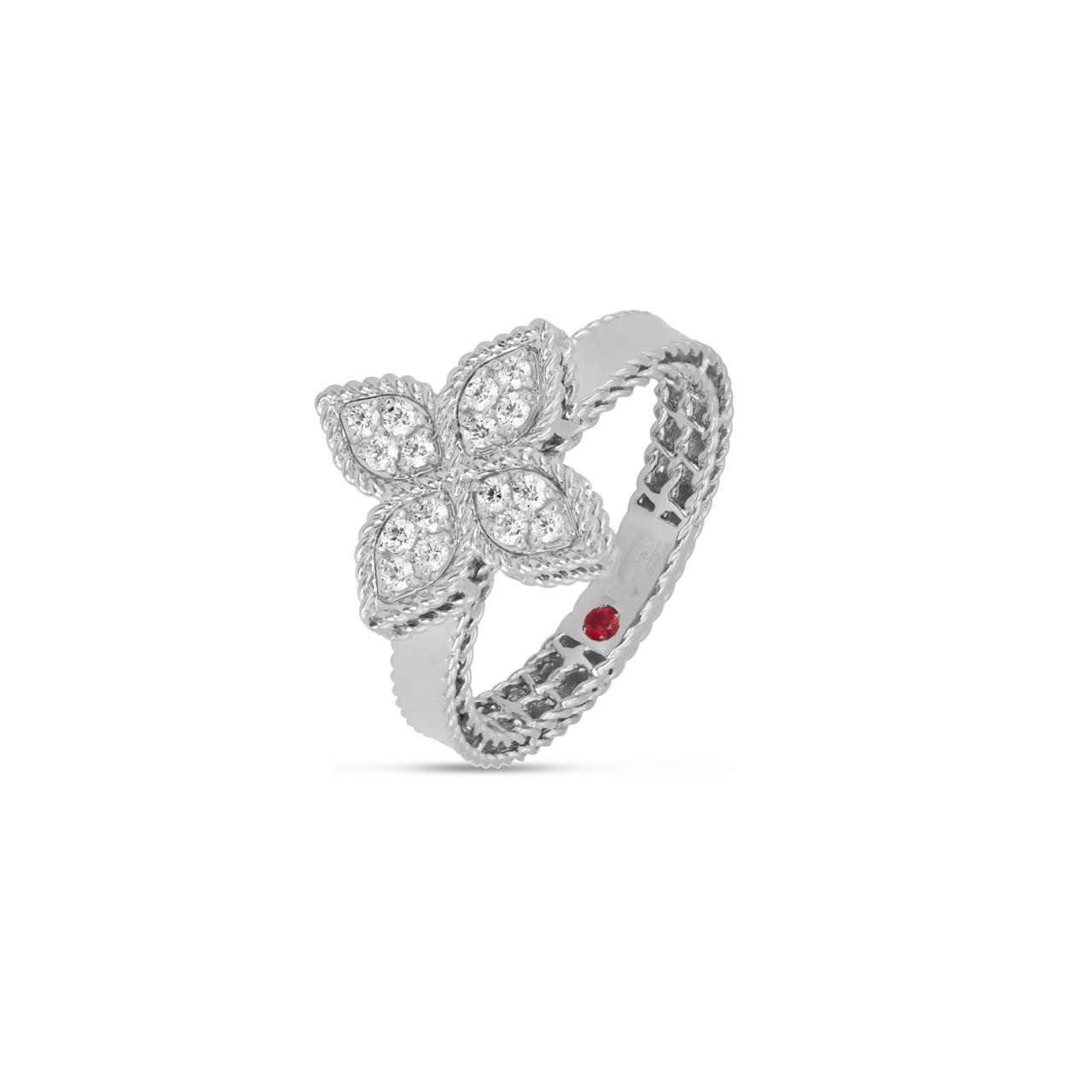 Roberto Coin Princess Flower ring in 18ct white gold featuring four diamond cluster petals, rope edge detailing, and a signature hidden ruby inside the band.