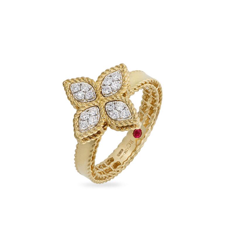 Roberto Coin Princess Flower ring in 18ct yellow and white gold featuring four diamond cluster petals, rope edge detailing, and a signature hidden ruby inside the band.