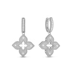 Roberto Coin Venetian Princess 18ct white gold diamond drop earrings with matte finish, rope detail, and hidden rubies.