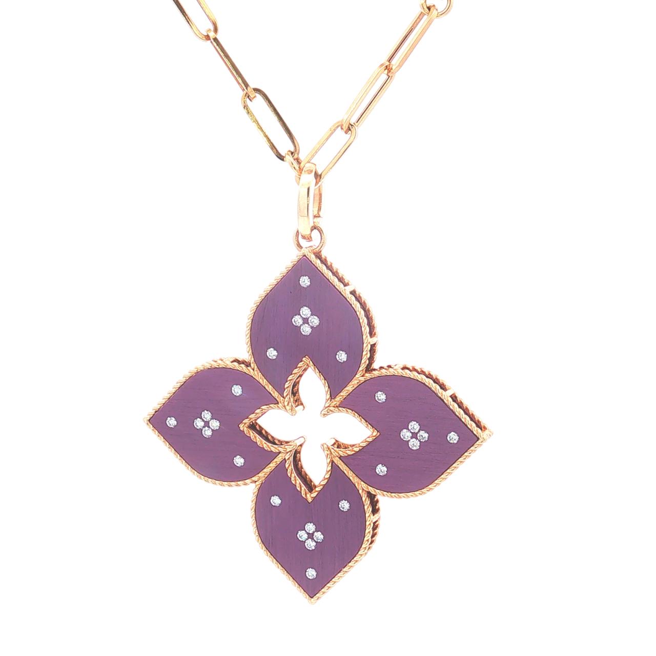 Roberto Coin Venetian Princess necklace with diamond flower pendant in rose gold and titanium