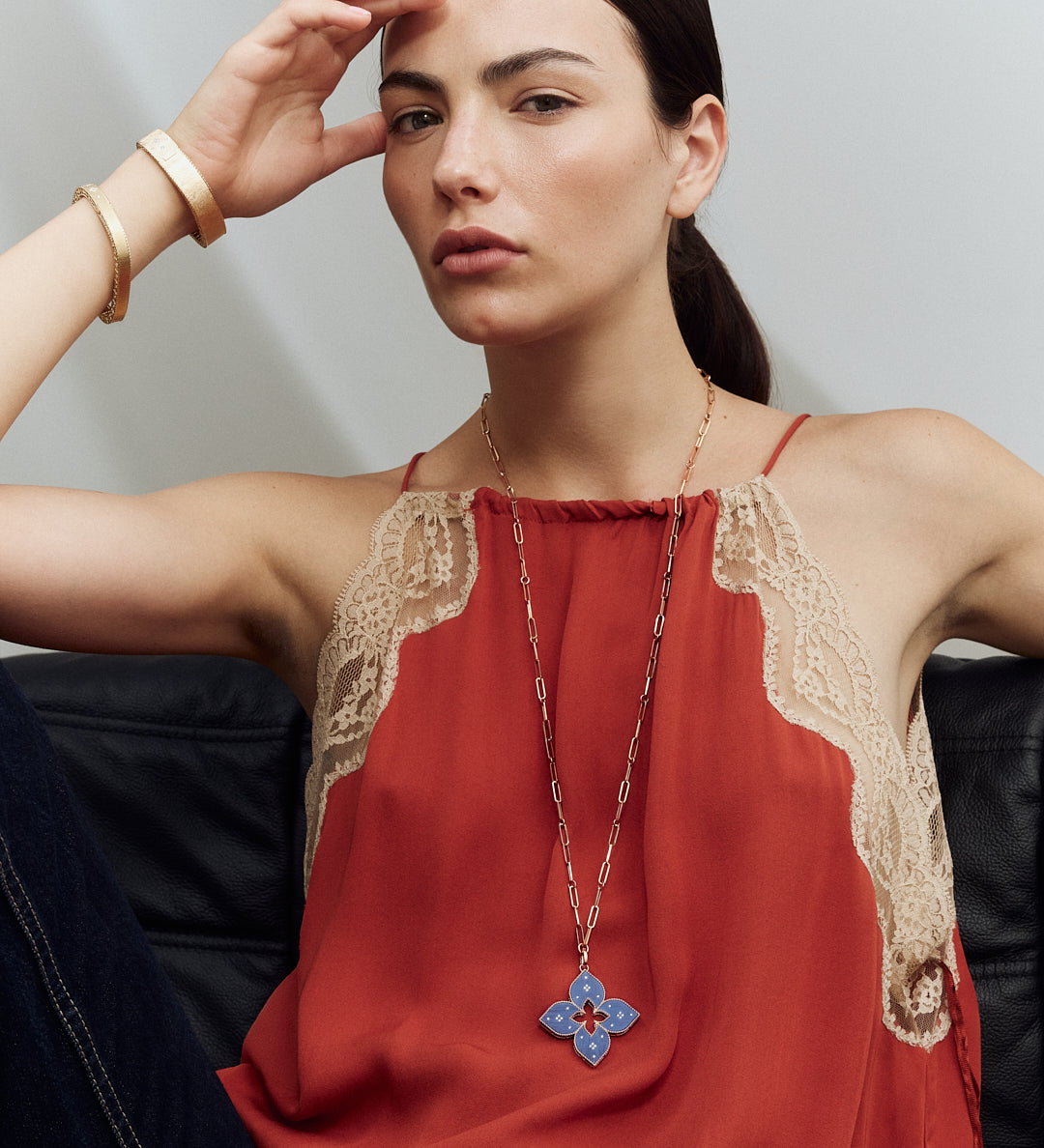 Roberto Coin Venetian Princess necklace with diamond flower pendant in rose gold and titanium