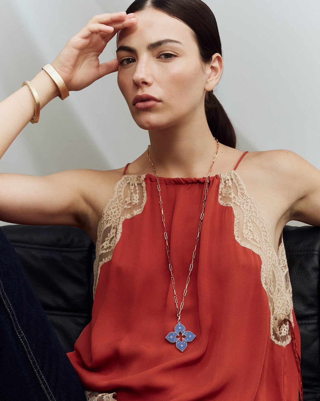 Roberto Coin Venetian Princess necklace with diamond flower pendant in rose gold and titanium