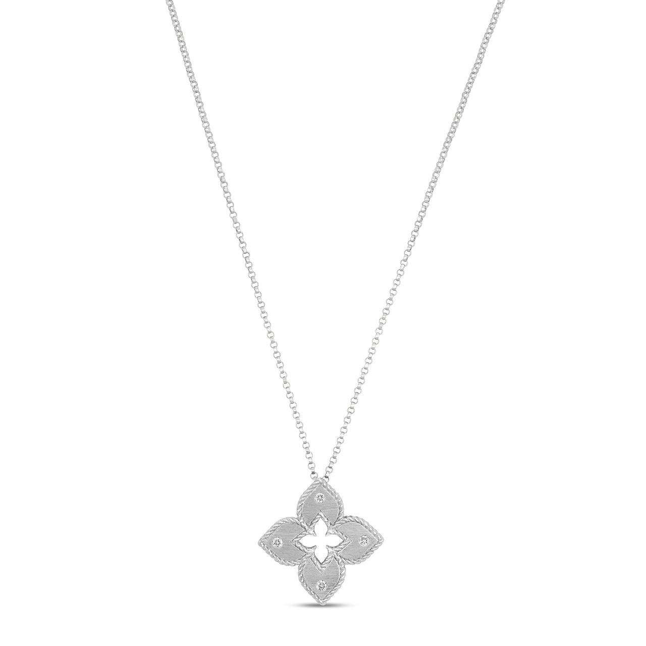 Roberto Coin Venetian Princess diamond necklace in white gold with matte flower pendant